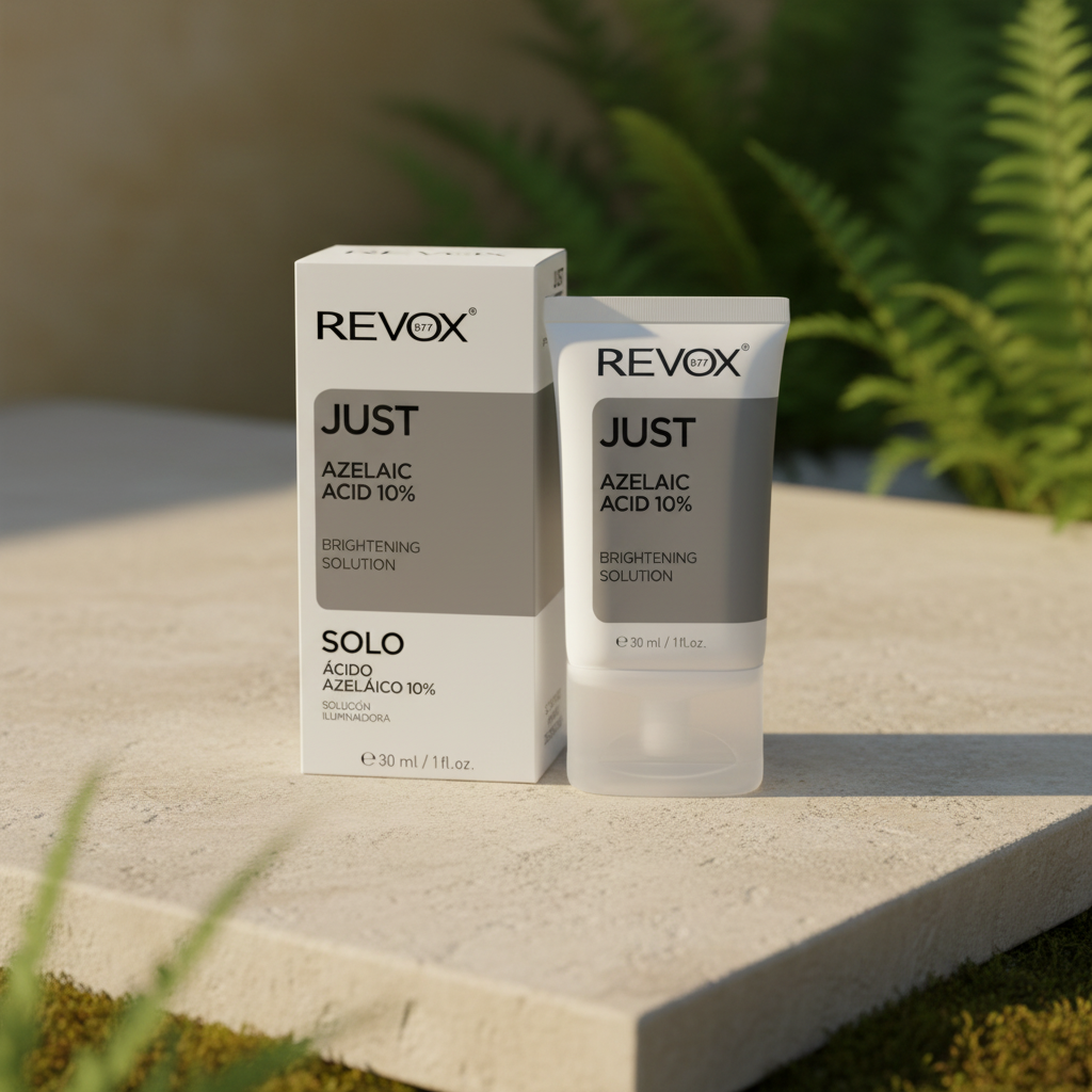 REVOX B77 JUST Azelaic Acid 10% tube and box in soft outdoor daylight