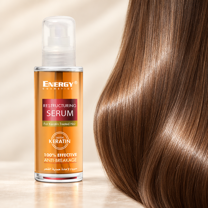 Energy Keratin Serum beside smooth shiny hair