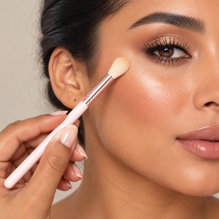 Highlighter brush applying makeup to cheekbone