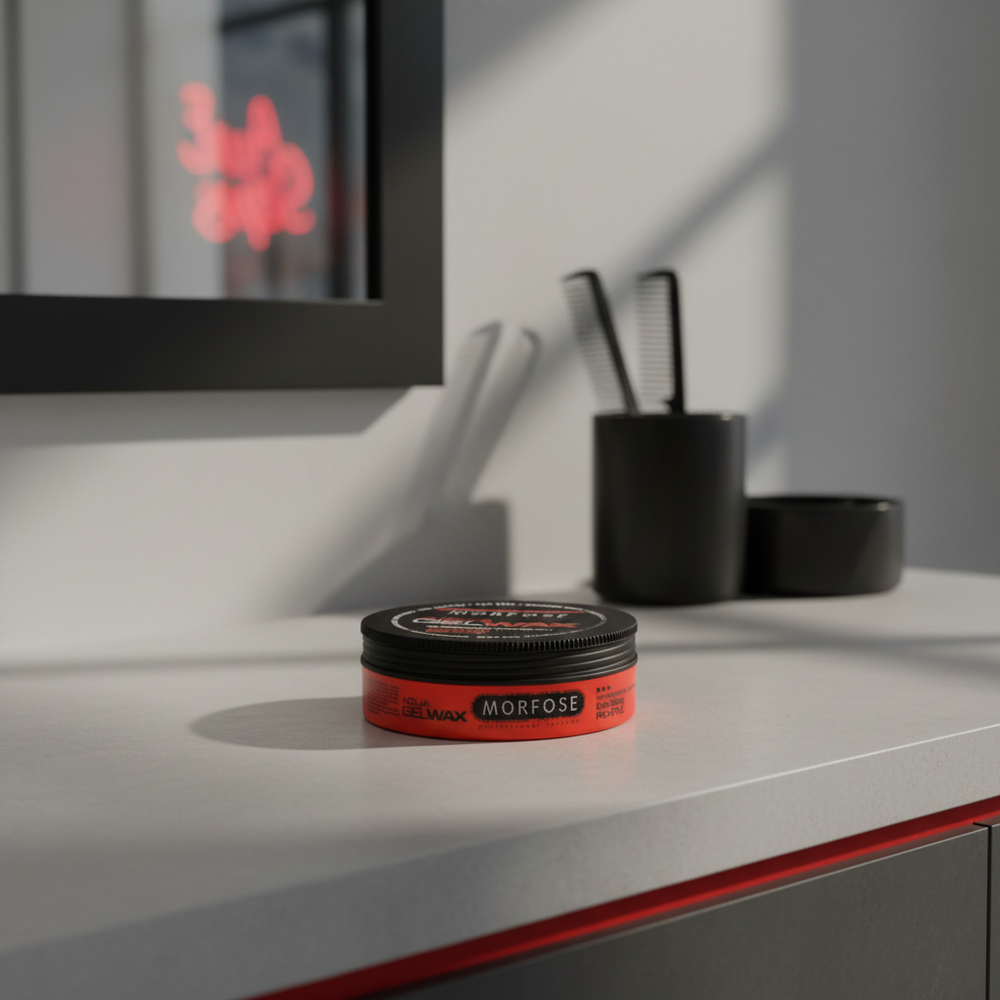 Morfose Aqua Gel Wax Red jar on a modern barber counter