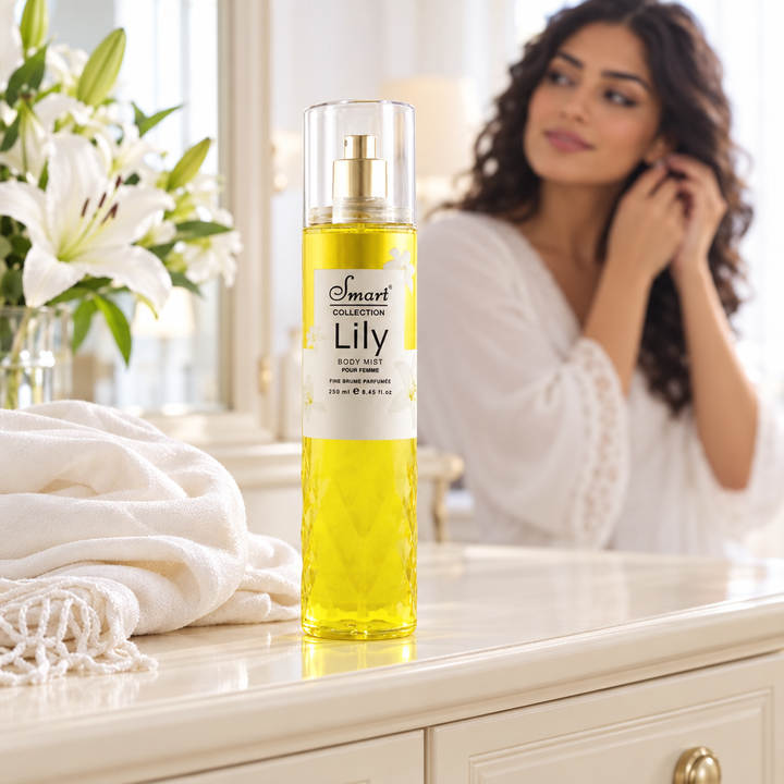 Smart Collection Lily Body Mist on dresser with Egyptian-style model