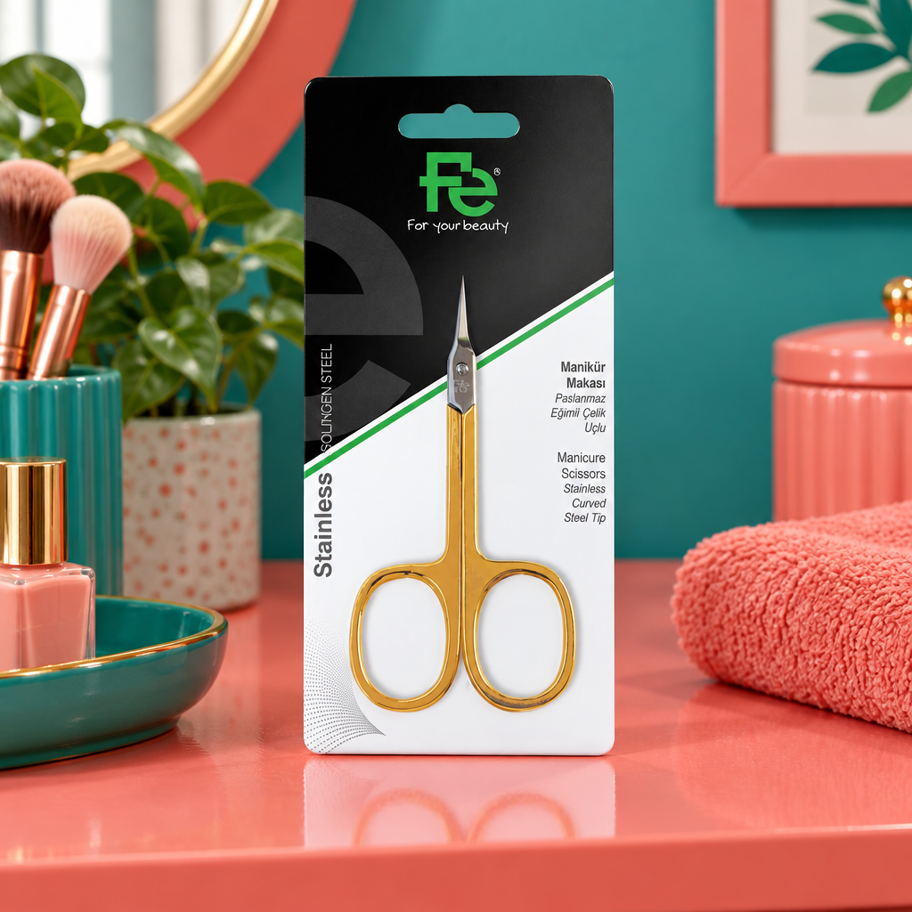 Gold-handled Fe manicure scissors on indoor vanity