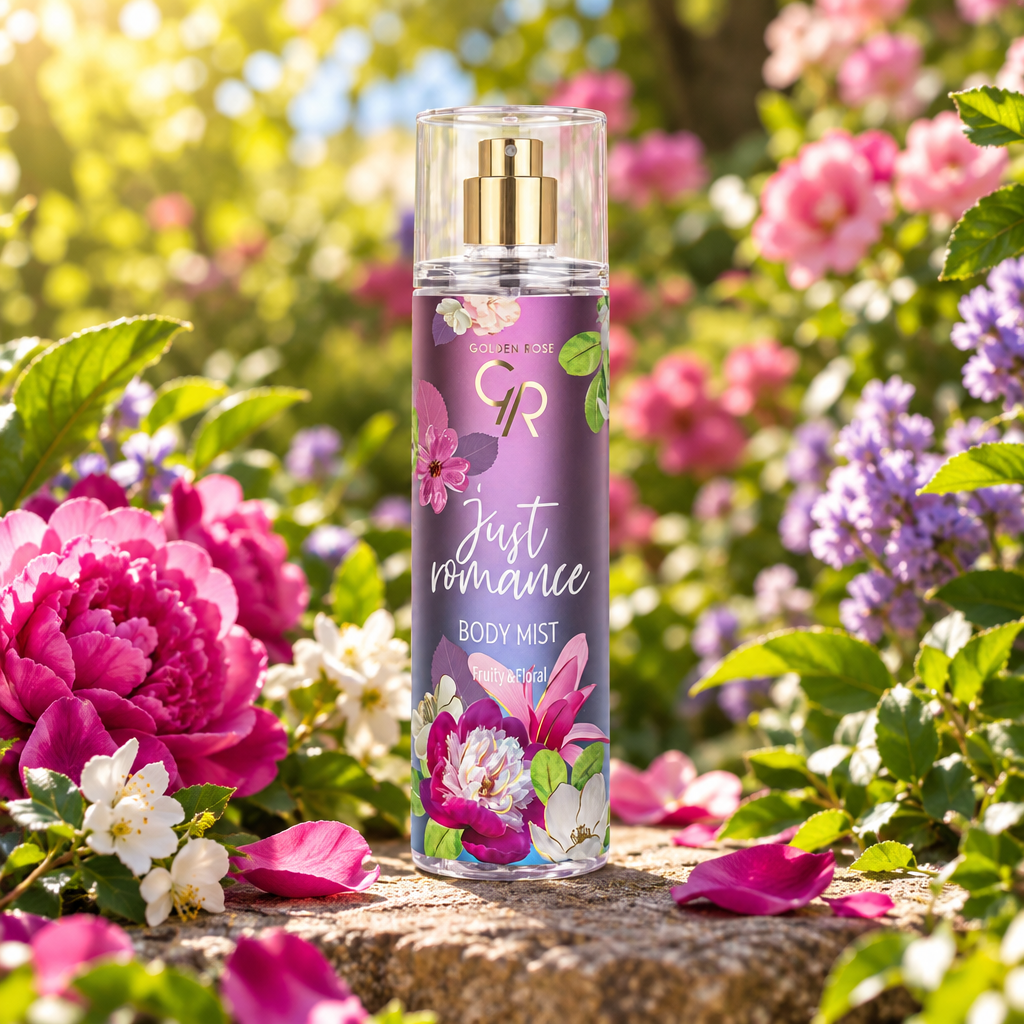 Golden Rose Just Romance Body Mist in outdoor flower garden