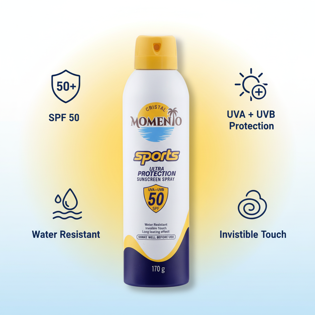 Benefits of Momento Sports Sunscreen Spray SPF 50 including UVA and UVB protection