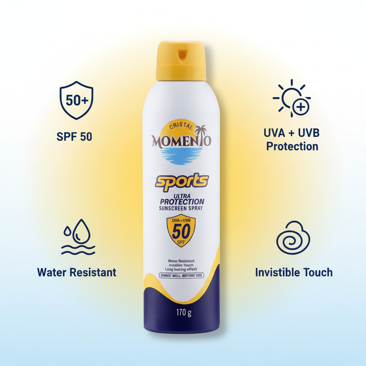 Benefits of Momento Sports Sunscreen Spray SPF 50 including UVA and UVB protection