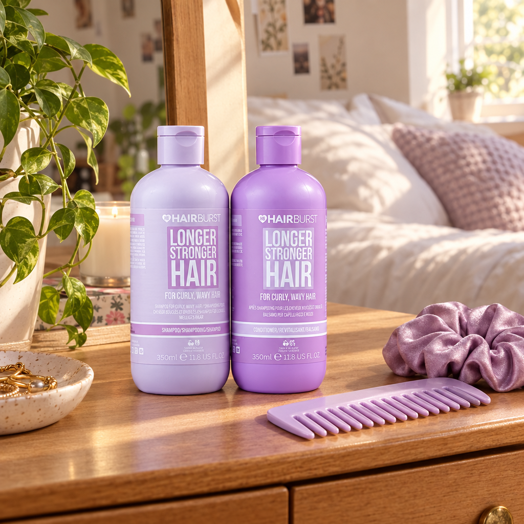 Hairburst curly shampoo and conditioner on bedroom vanity