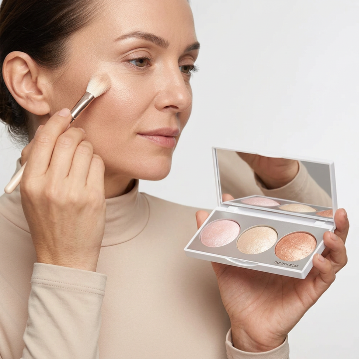 Golden Rose Strobing Highlighter Palette in use | استخدام باليت هايلايتر جولدن روز