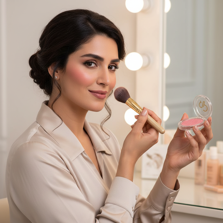 Egyptian model applying pink compact blush