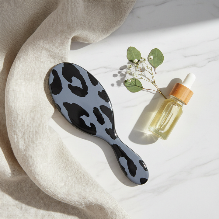 Outdoor flat lay - leopard print hair brush