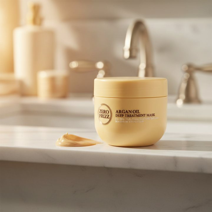Zero Frizz Argan Oil Hair Mask – Lifestyle bathroom shelf shot