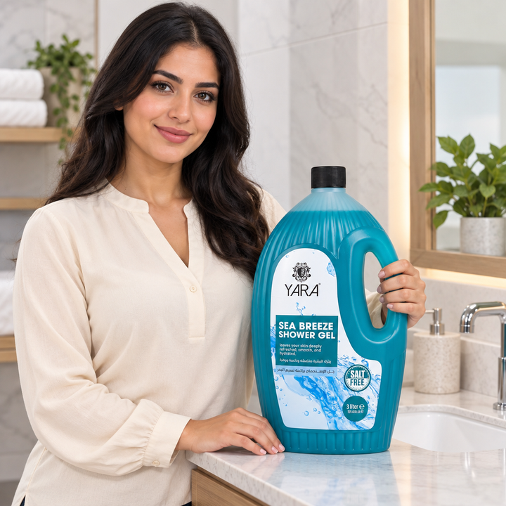 Model beside YARA Sea Breeze shower gel