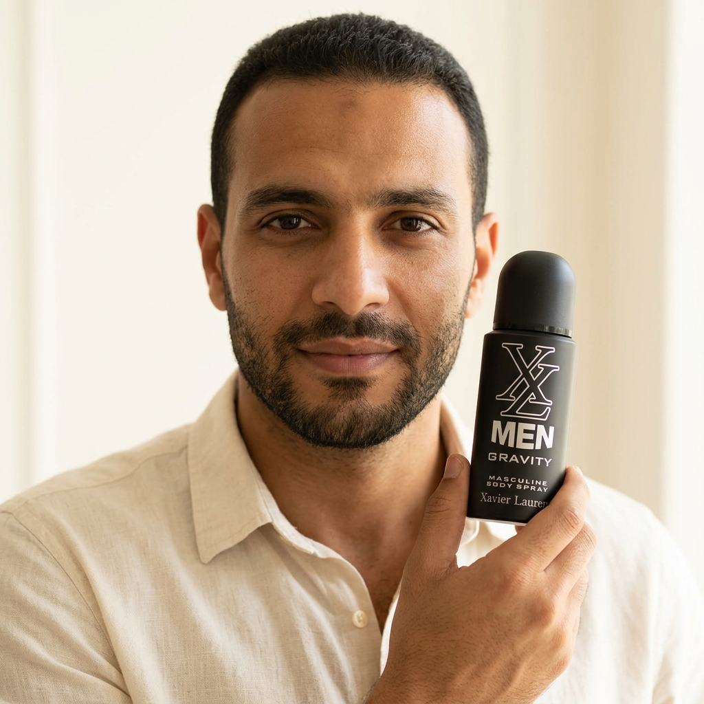 Close-up male model holding XL Men Gravity 150ml body spray