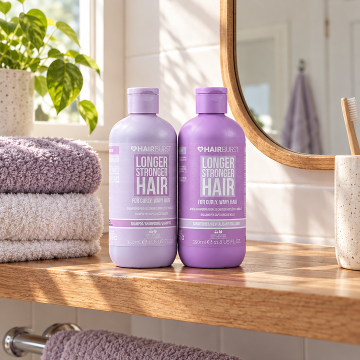 Hairburst curly shampoo and conditioner on home bathroom shelf