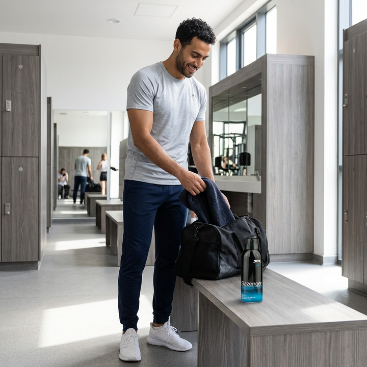 Full-length male model packing a gym bag with Slazenger Blue deodorant nearby
