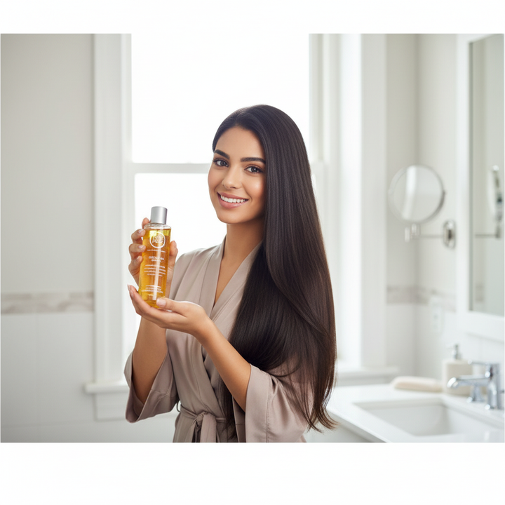 Zero Frizz Argan Oil Serum – Woman applying serum to shiny hair