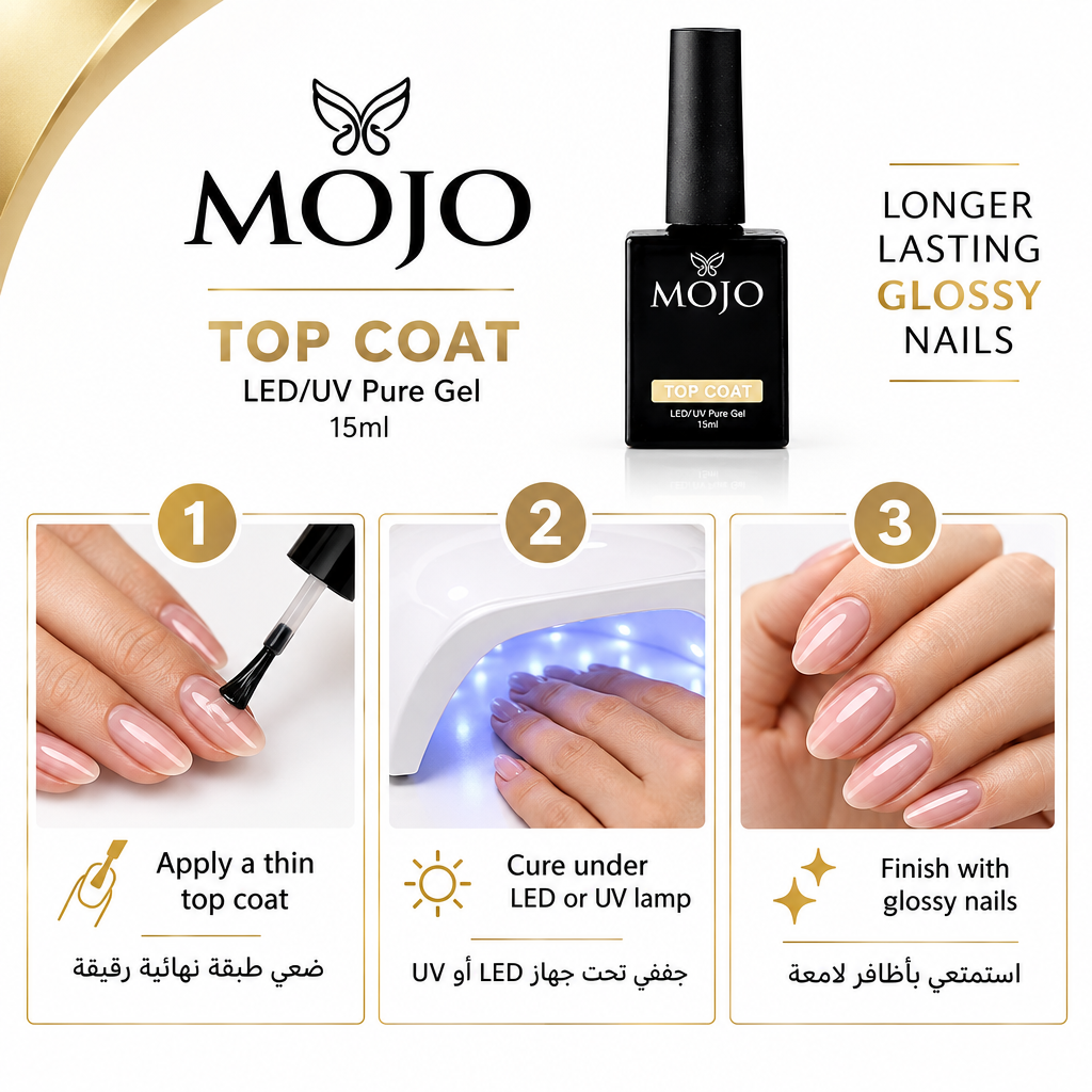 طريقة استخدام MOJO Top Coat LED UV Pure Gel 15ml بالعربية والإنجليزية