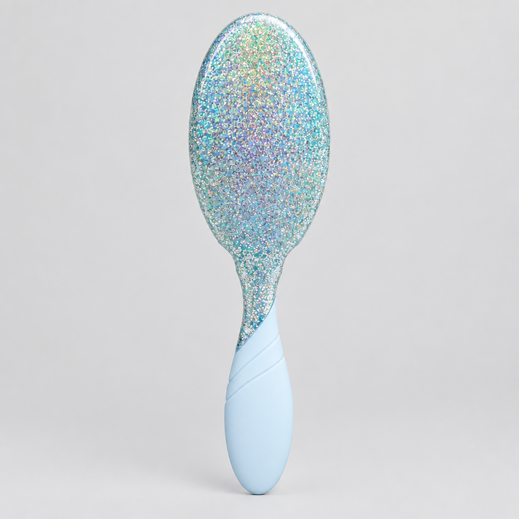 Indoor studio photo of glitter hairbrush