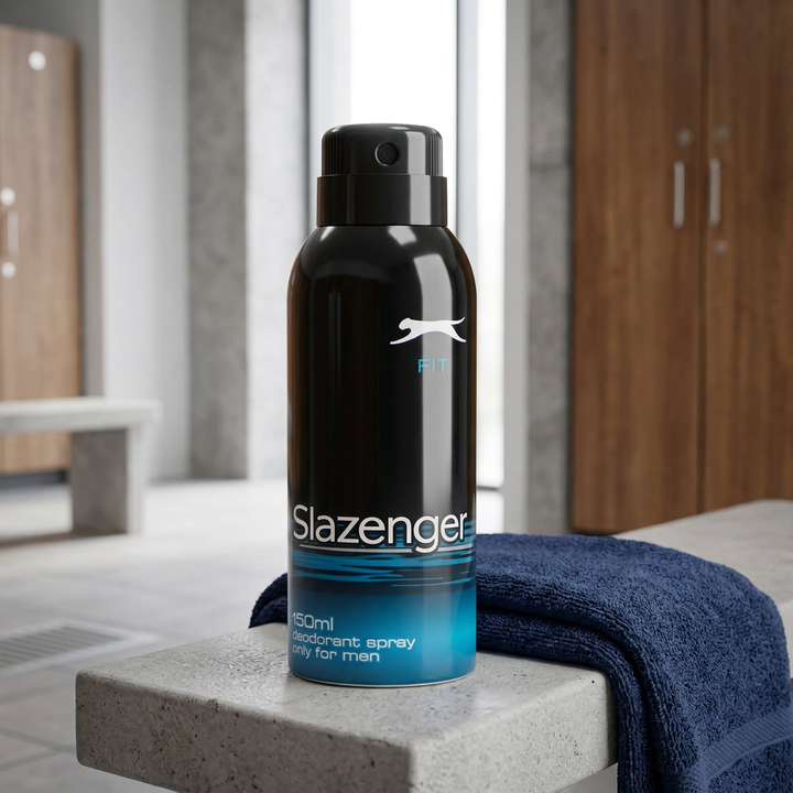 Slazenger Blue FIT 150ml deodorant on a gym bench beside a navy towel