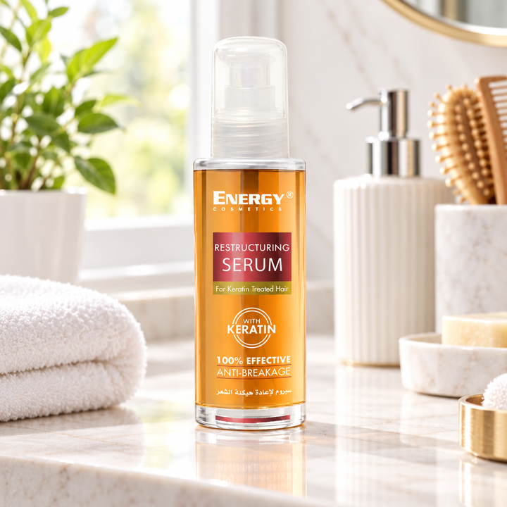 Energy Keratin Serum for Treated Hair on a bright indoor vanity