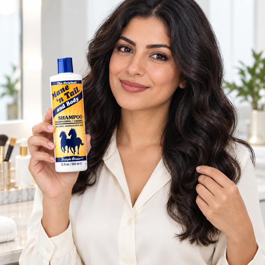 Egyptian-style model holding Mane n Tail shampoo beside her hair