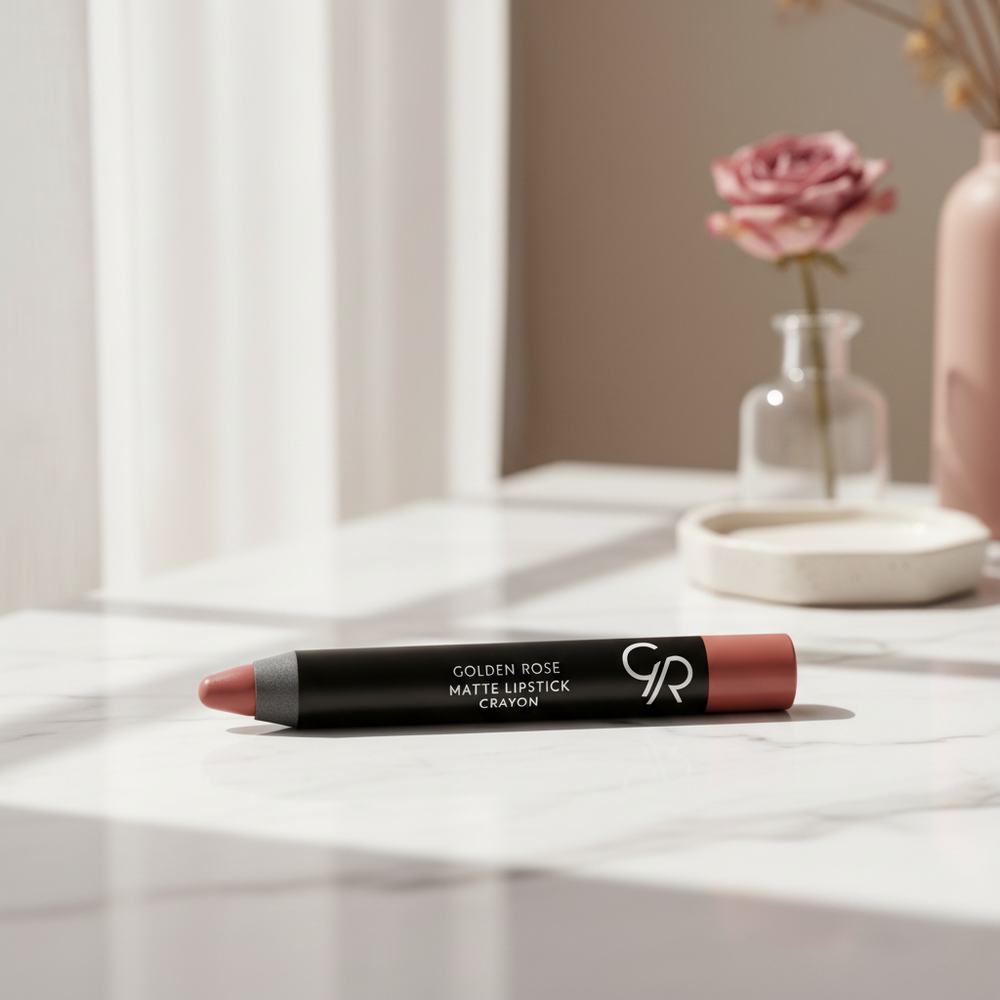 Golden Rose Matte Lipstick Crayon in an elegant indoor setting