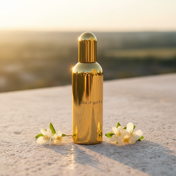Reflective gold fragrance bottle in warm outdoor light