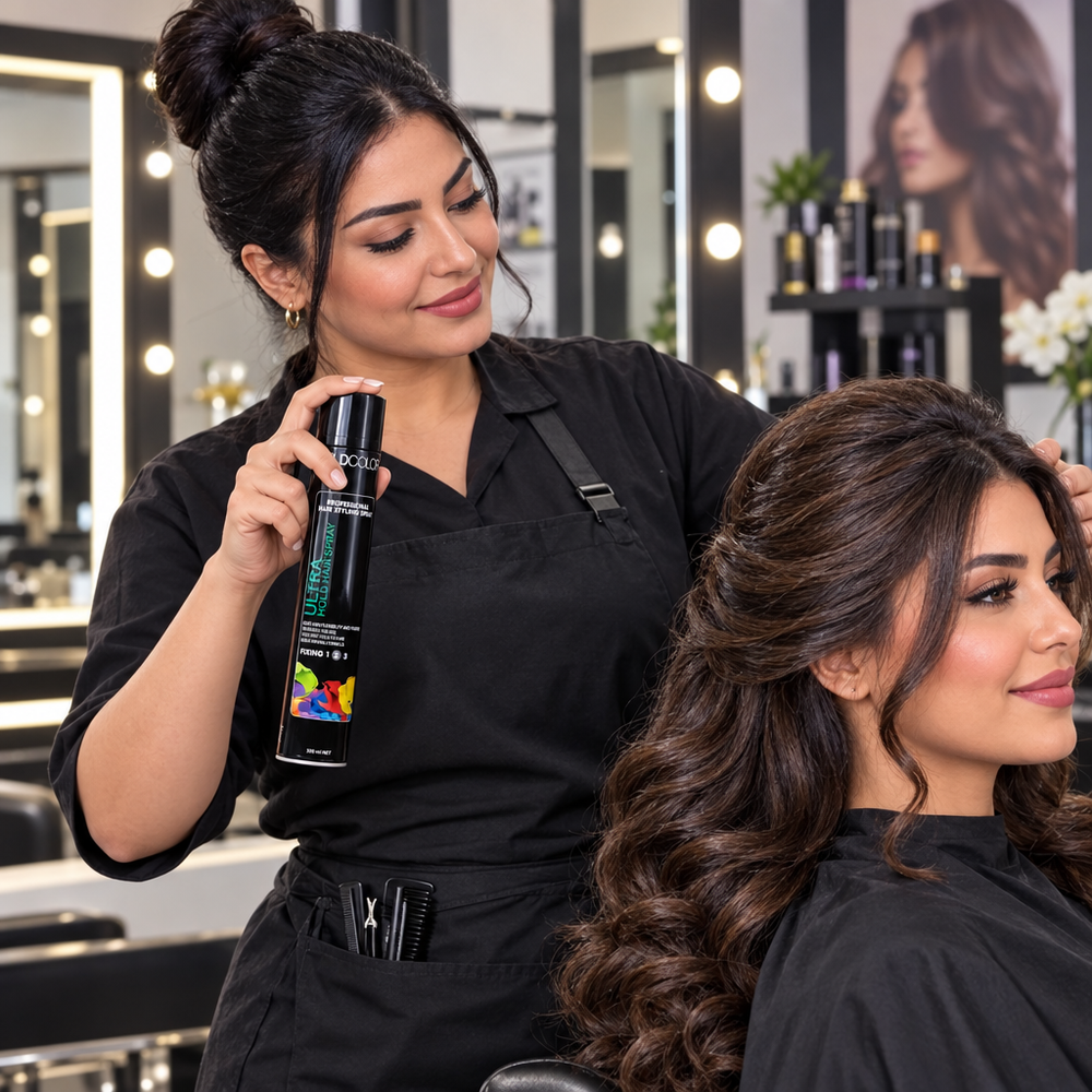Salon stylist holding Wildcolor Ultra Hold 2 spray by a client's styled hair