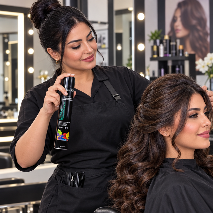 Salon stylist holding Wildcolor Ultra Hold 2 spray by a client's styled hair