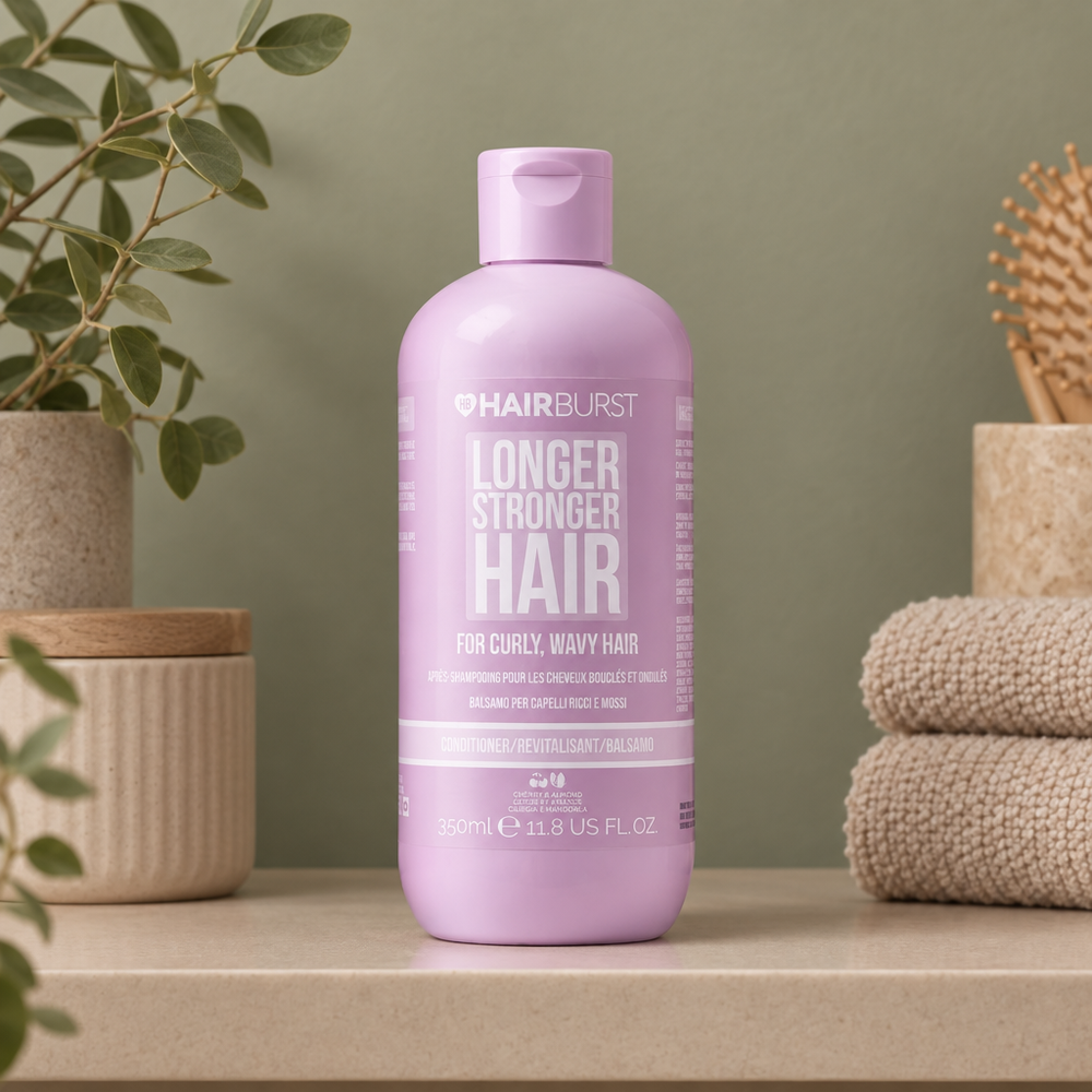 Hairburst Curly Wavy Hair conditioner on muted indoor shelf