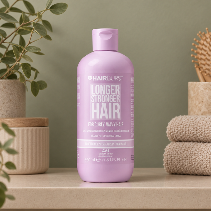 Hairburst Curly Wavy Hair conditioner on muted indoor shelf