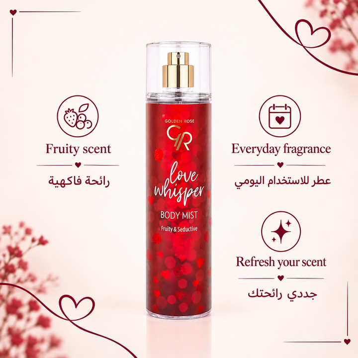 Golden Rose Love Whisper body mist bilingual features