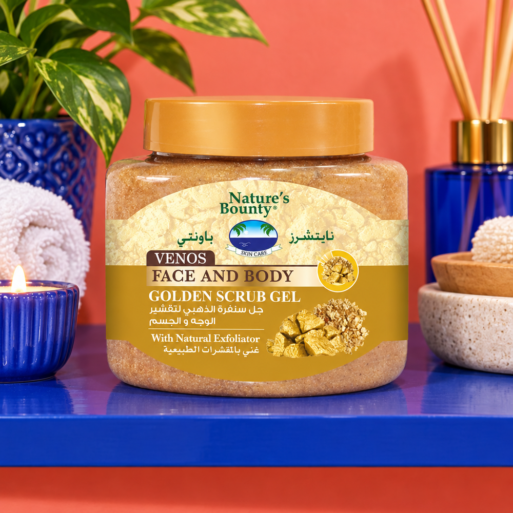 Nature's Bounty Venos Gold Gel Scrub on indoor spa shelf