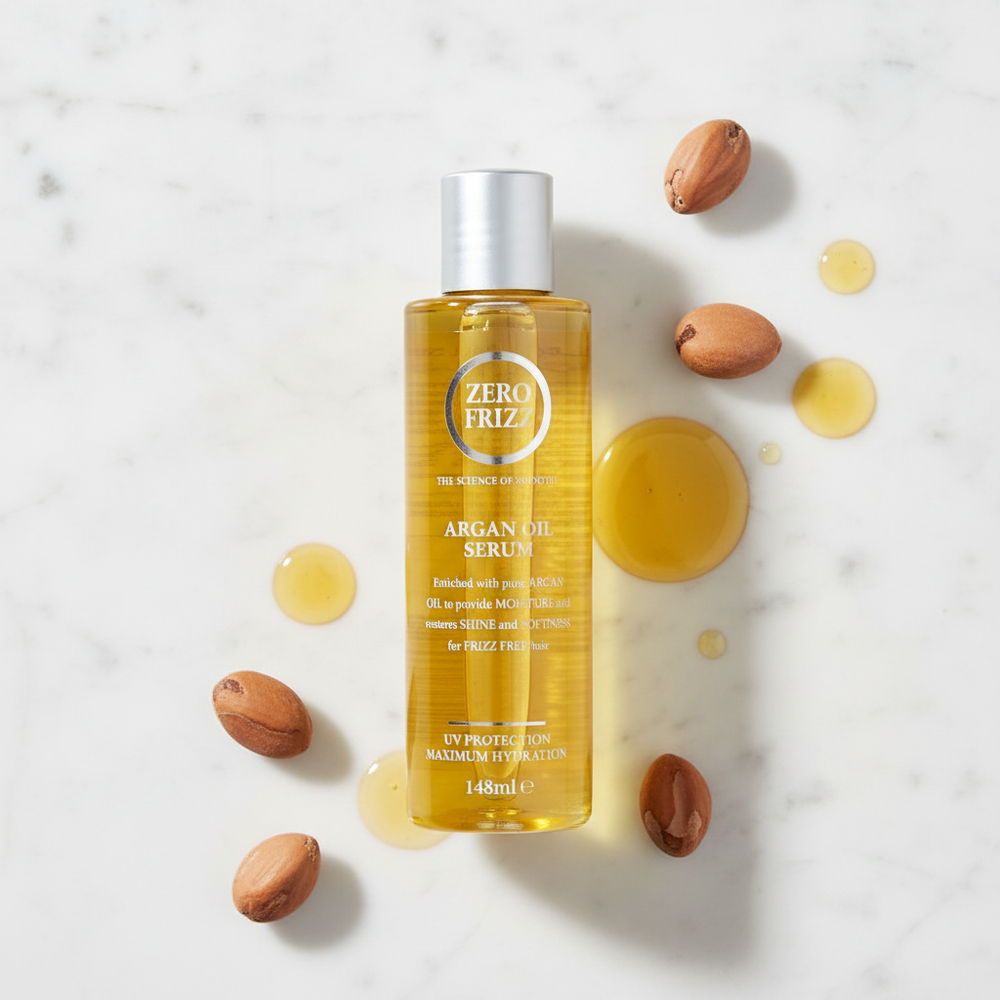 Zero Frizz Argan Oil Serum – Top View flat lay on marble