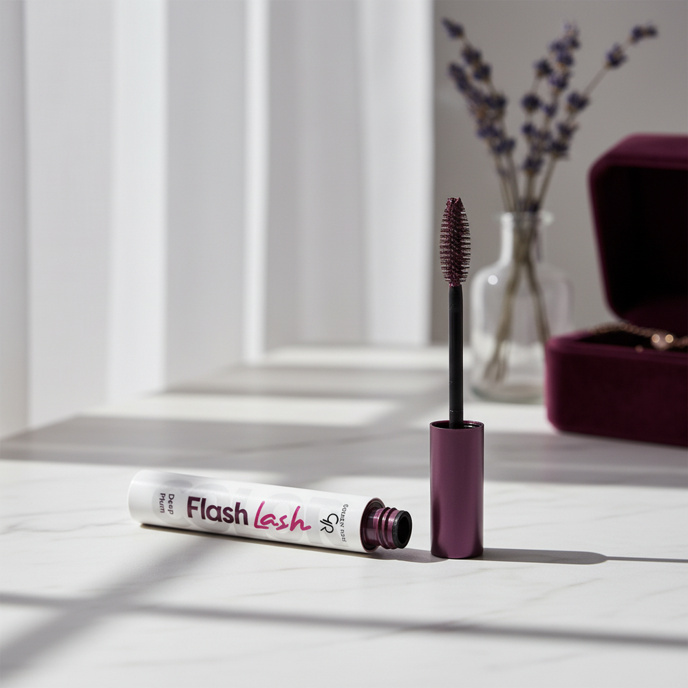 Golden Rose Flash Lash Mascara Deep Plum in an elegant indoor setting