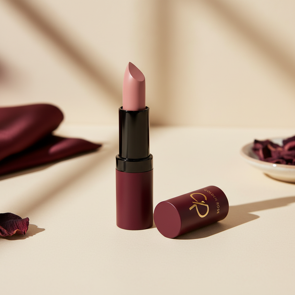 Golden Rose nude rose lipstick in an elegant indoor setting