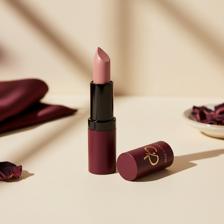 Golden Rose nude rose lipstick in an elegant indoor setting