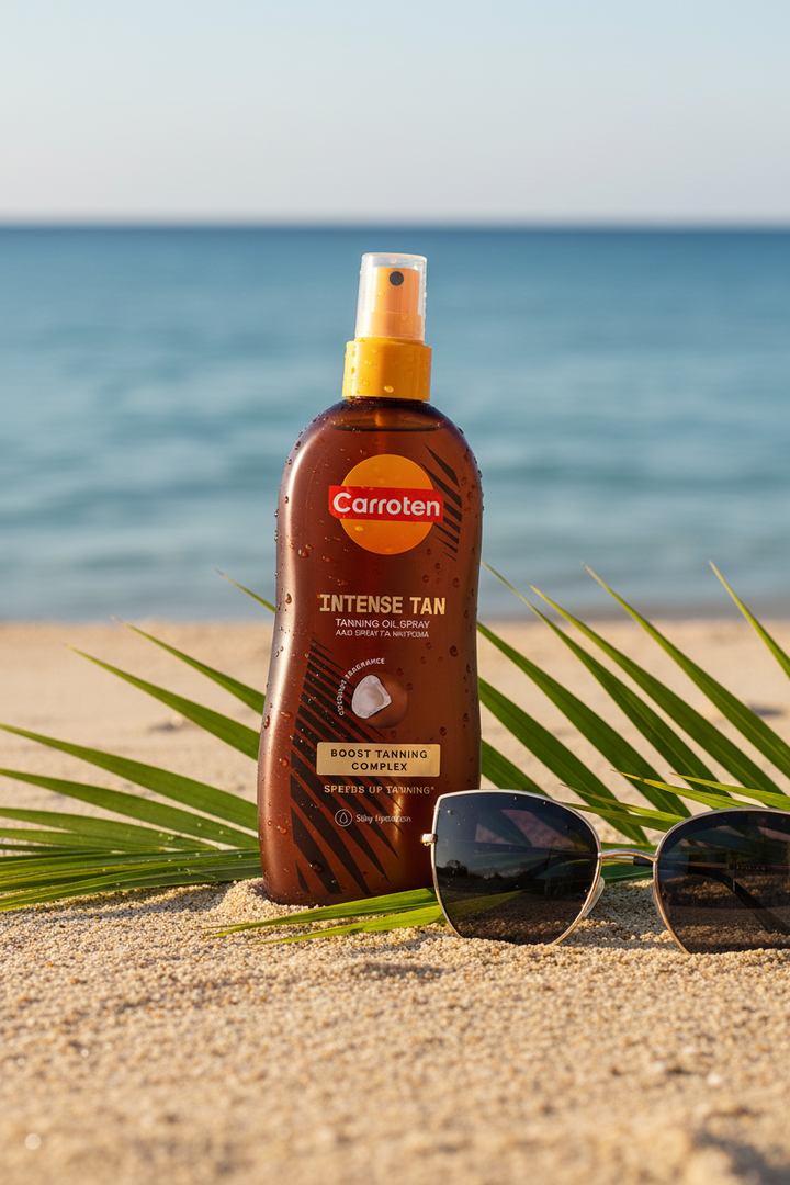 Lifestyle beach shot - Carroten Intense Tan Tanning Oil Spray