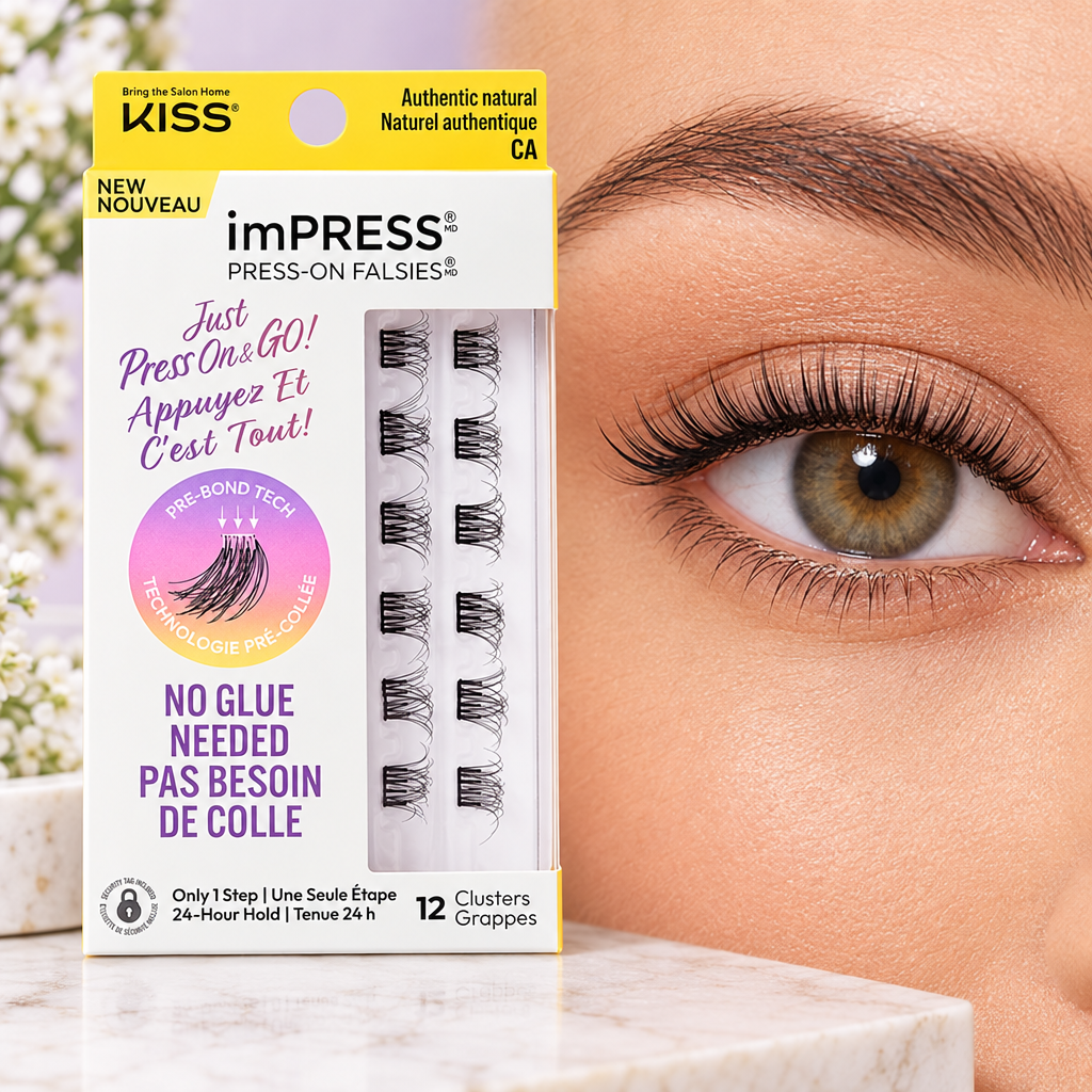 Kiss imPRESS Press on Falsies Single02 package beside a close-up of a natural-looking false lash finish