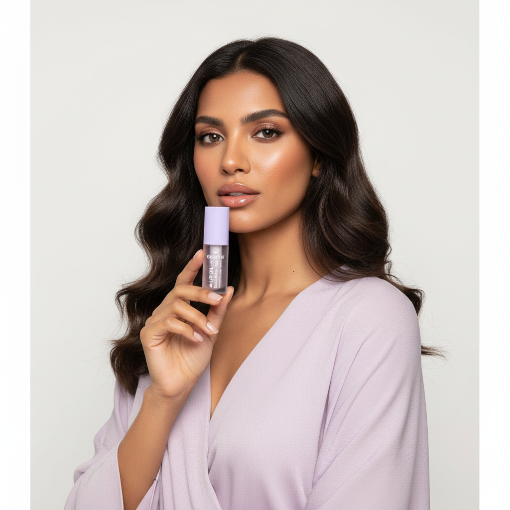 Model holding Gabrini Lip Oil near her lips