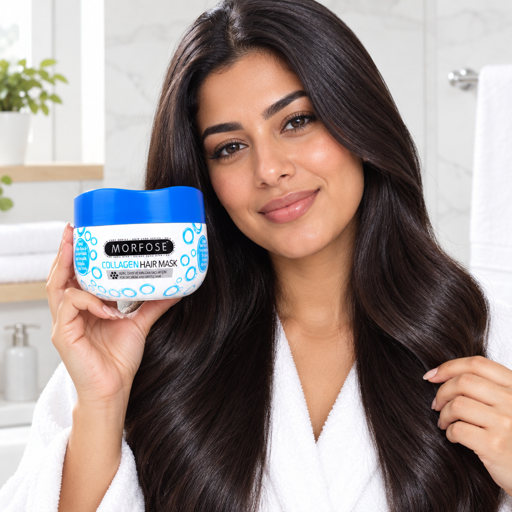 Model holding Morfose Collagen Hair Mask beside healthy-looking hair