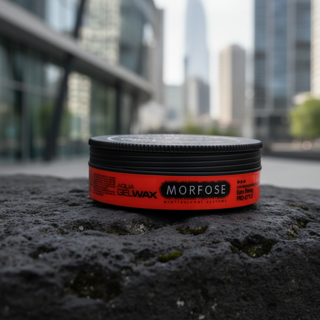 Morfose Aqua Gel Wax Red jar in a modern outdoor setting