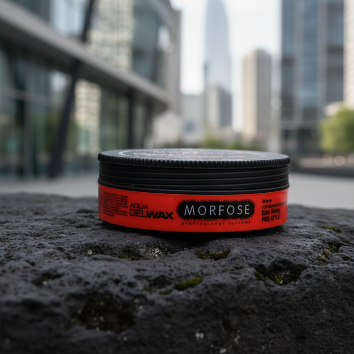 Morfose Aqua Gel Wax Red jar in a modern outdoor setting