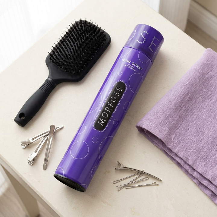 Morfose Mega Strong hair spray with brush and styling clips