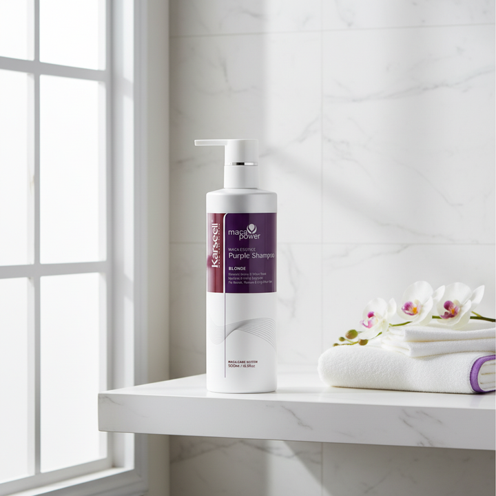 Maca Power Purple Shampoo in an elegant bright bathroom