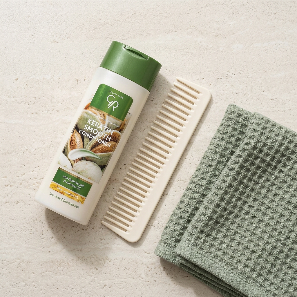 Overhead flatlay of Golden Rose Keratin Smooth Conditioner with comb and sage towel