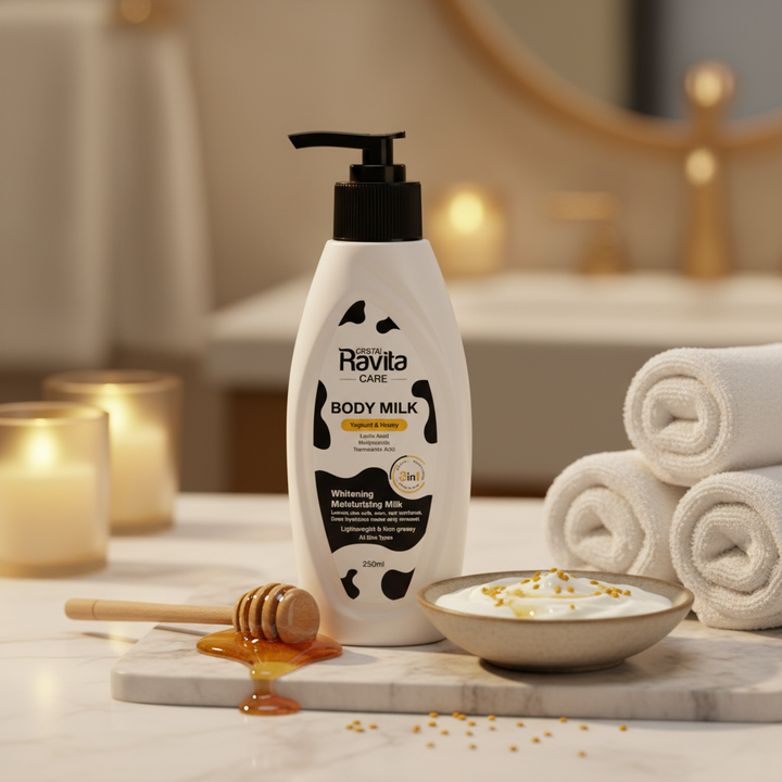 Ravita Body Milk in luxury spa setting with honey and yoghurt