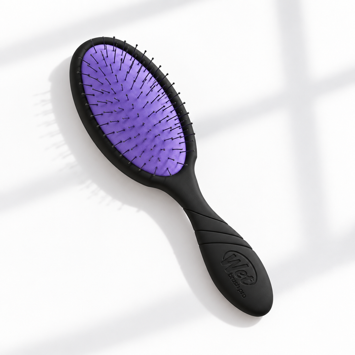 Black and purple Wet Brush Thin Hair on a white background in natural light
