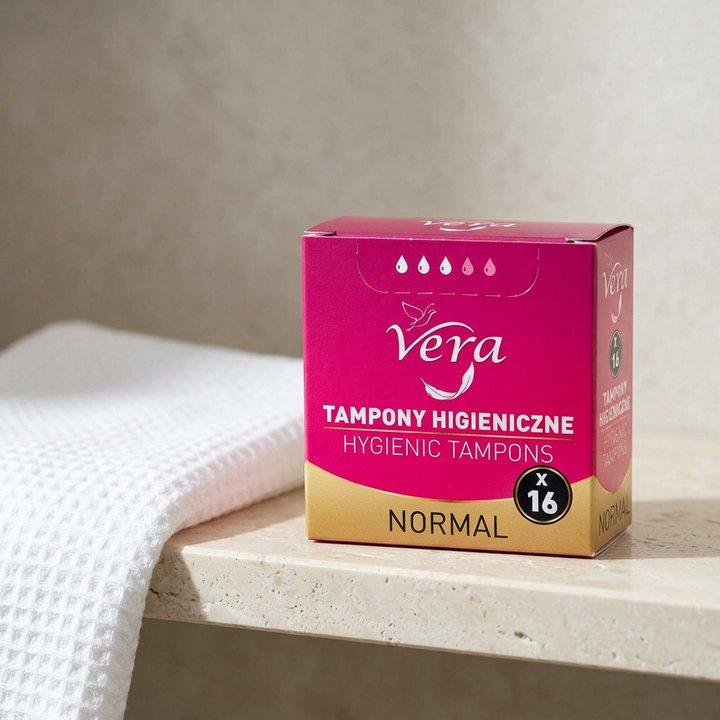 Vera Normal Hygienic Tampons 16-piece box on a light bathroom shelf