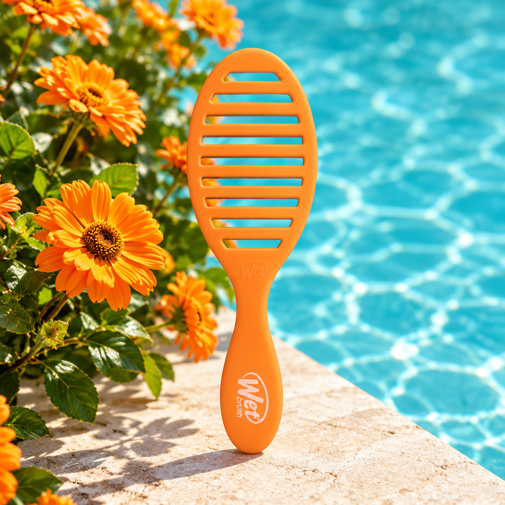 Orange Speed Dry brush outdoors by pool, back view