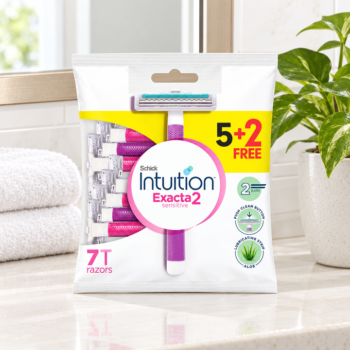 Schick Exacta2 razor pack on a bright bathroom vanity